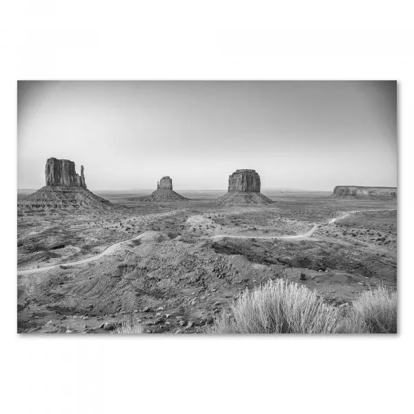 Panorama: Monument Valley in Schwarzweiß, Straße durch karge Landschaft.