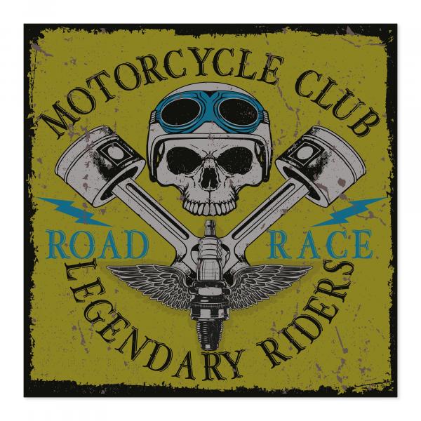 Grunge-Design: Totenkopf, Kolben, Flügel & Spruch "Legendary Riders".