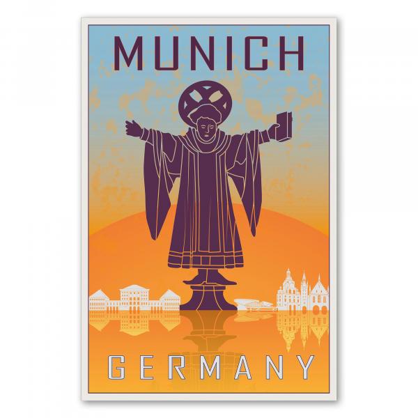 Die Statue des Friedensengels vor einem orangenen Sonnenuntergang – ein Retro-Reiseposter von München.