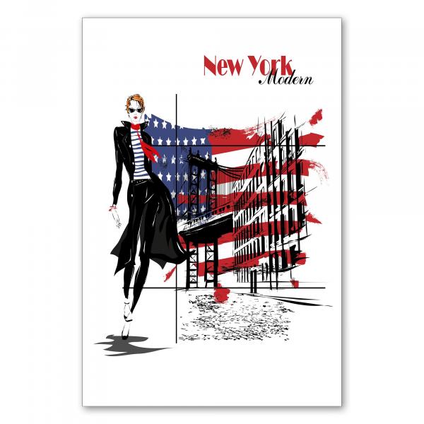 Eine stilvolle Frau vor der Kulisse der Brooklyn Bridge - eine moderne Fashion Illustration mit New York Flair.