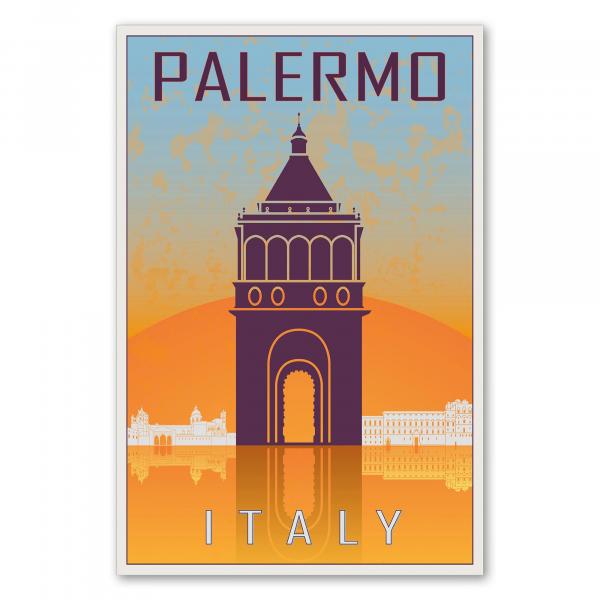 Der Triumphbogen Porta Nuova vor einem warmen Sonnenuntergang – ein historisches Reiseposter von Palermo.