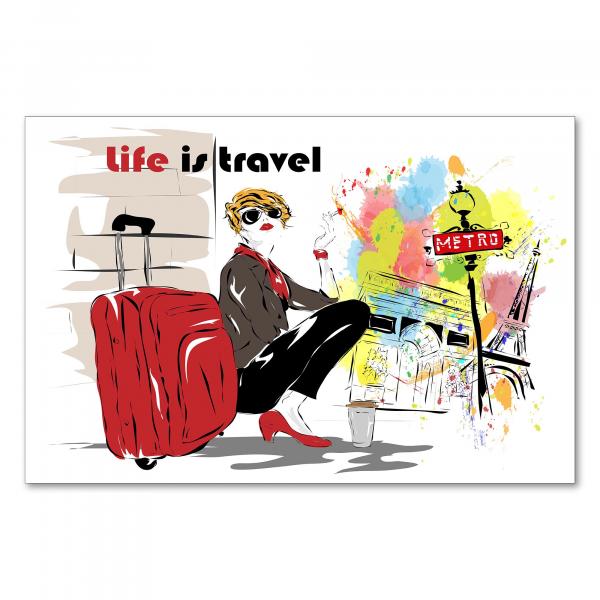 "Life is Travel" - eine Fashion Illustration einer Frau mit Koffer in Paris vor berühmten Wahrzeichen.