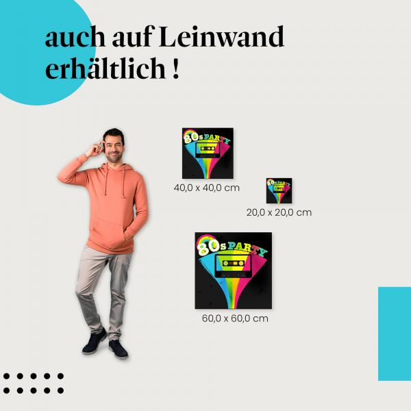 Buntes Design mit Kassette, Regenbogen und Neonfarben als Leinwandbild - Partystimmung der 80er! Wähle deine Wunschgröße.