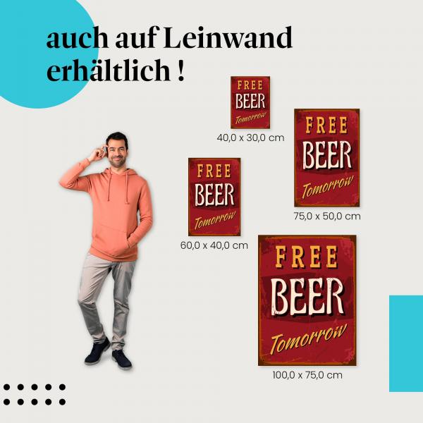 "Free Beer Tomorrow" Leinwand - Vintage Schild. Ideale Größe, setze Akzente mit Kunst!