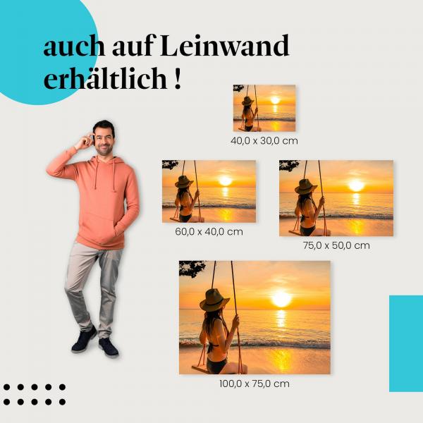 Frau am Strand: Leinwandbild. Schaukel, Sonnenuntergang.