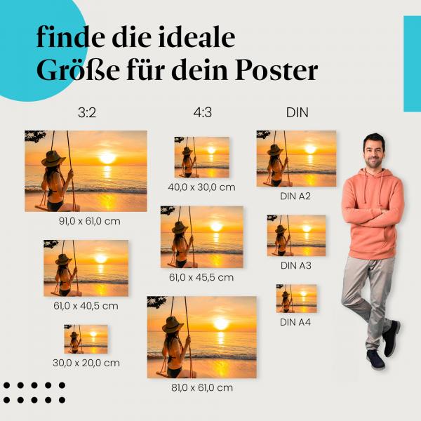 Frau, Poster: Schaukel, Strand, Sonnenuntergang, Meer.