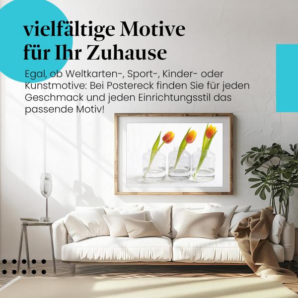 Leinwandbild "Tulpen": Drei gelbe Tulpen, Glasvasen - minimalistisch & elegant.