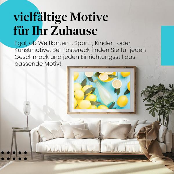 Leinwandbild "Limonade": Zitronen, blaue Holztisch - Sommerliche Erfrischung für Ihr Zuhause!