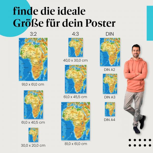 Entdecke den Kontinent Afrika! "Afrika - Politische Karte" Poster mit allen Ländern, Hauptstädten & Gewässern.