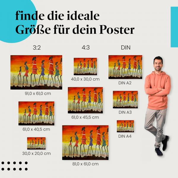 "Afrikanische Kunst: Menschen auf Wanderschaft": Poster - Malerei, Steppe & Sonnenuntergang