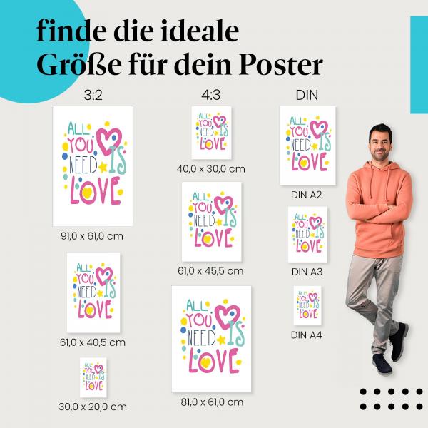 Finde die ideale Postergröße: "All you need is love" - Schriftzug, Herzen, Punkte.