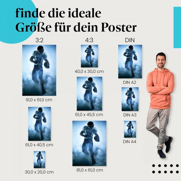 Wähle die ideale Postergröße: American Football Spieler im Sprung, blauer Nebel.