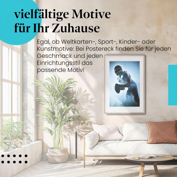 Stylisches Leinwandbild: Action pur: American Football Spieler im Nebel.