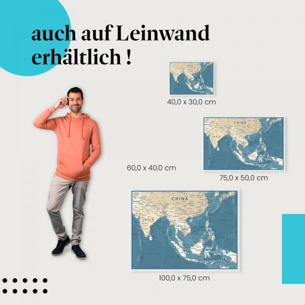 Asien: Leinwandbild. Karte, detailliert, wähle deine Größe!