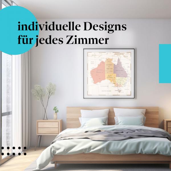 Schlafzimmer Deko: Modernes Schlafzimmer mit "Australien" Poster. Down Under - ein Traum!