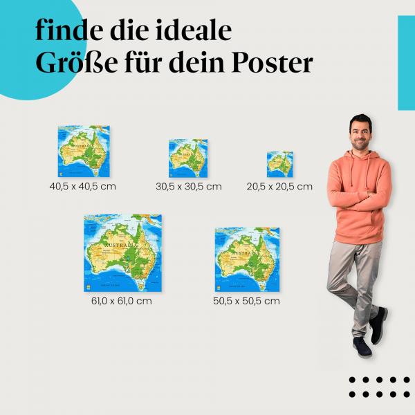 Wähle die ideale Postergröße: Detaillierte Karte von Australien mit Bundesstaaten und Städten.