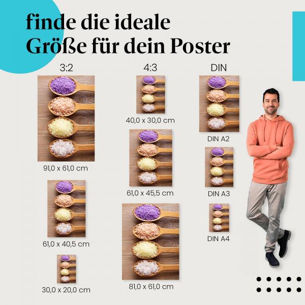 Finde die ideale Postergröße: Badesalz, Holzlöffel, Lila, Rosa, Gelb, Weiß.