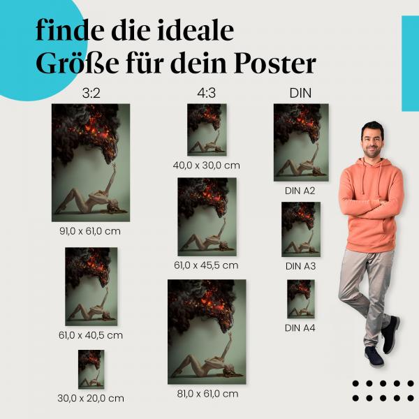 Wähle die ideale Postergröße: Eine Ballerina und ein Feuerdämon aus Rauch - eine fantastische Begegnung für deine Wand.