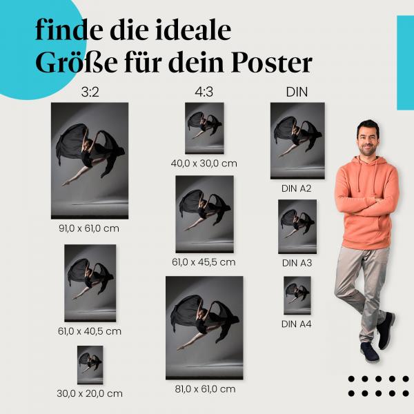 Ballerina, Poster: Sprung, schwarz, Stoff, Dynamik.