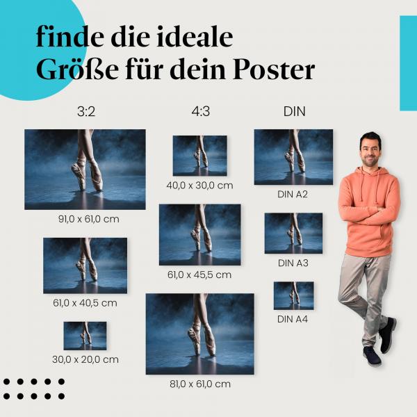 Entdecke die passende Postergröße: Balletttänzerin, Spitzenschuhe, grazile Haltung.