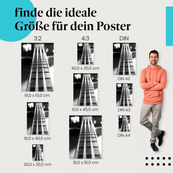 E-Bass, Poster: Hals, Saiten, Griffbrett, schwarz-weiß.