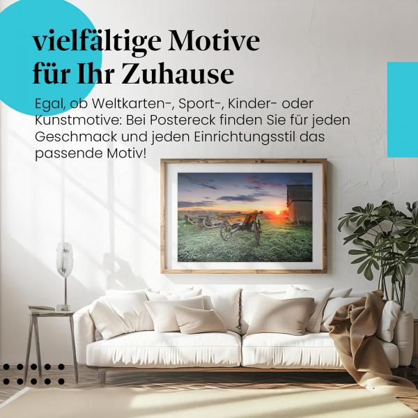 Leinwandbild "Holzwagen": Ländliche Idylle, Sonnenaufgang - für ein gemütliches Wohnzimmer.