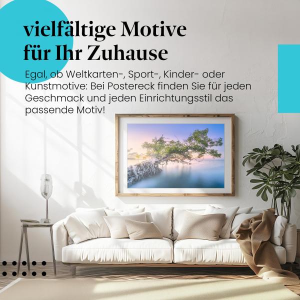 Leinwandbild "Baum im Wasser": Sonnenaufgang, warmes Licht - ein faszinierendes Motiv.