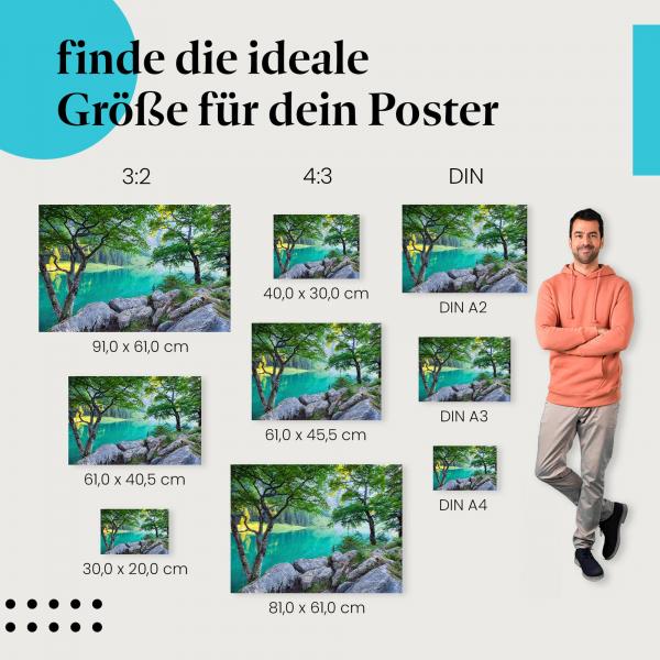 Bergsee, Poster: Smaragdgrün, Bäume, Felsen, Spiegelung.