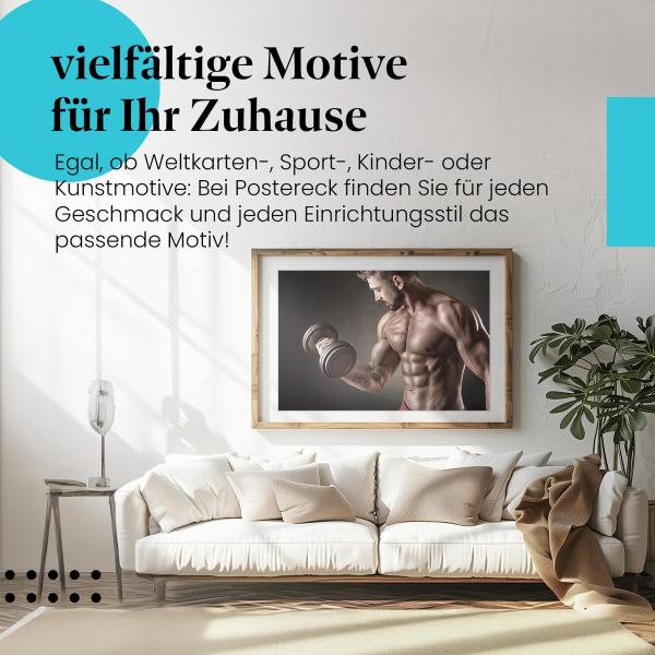 Leinwandbild "Krafttraining": Mann, Bizepstraining, konzentrierter Blick - Fitness & Power.