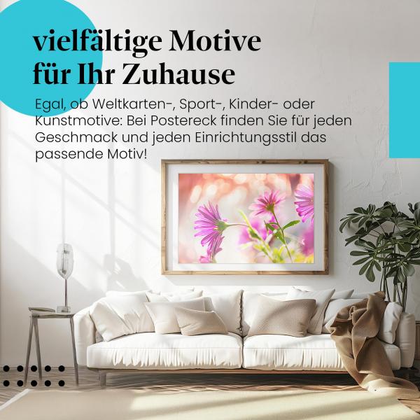 Dieses Leinwandbild mit den pinken Blumen im Gegenlicht ist ein romantisches Motiv und versprüht Zartheit und Leichtigkeit.