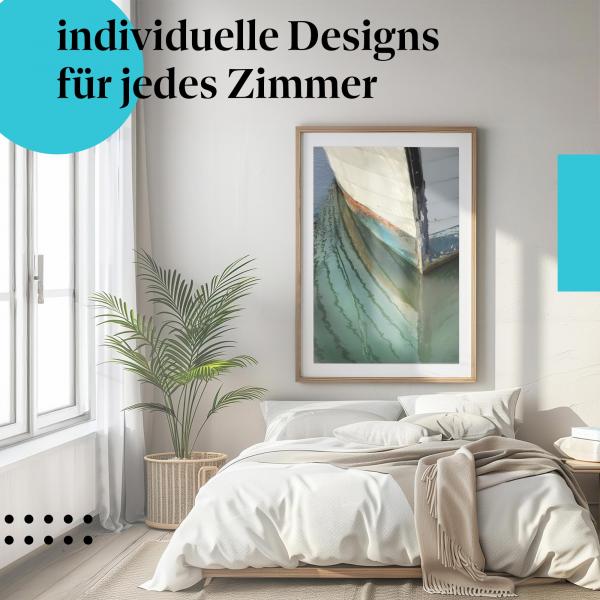 Schlafzimmer Deko: Minimalistisches Zimmer mit "Reflexionen im Hafen" Poster. Wanddeko für Wasserliebhaber.