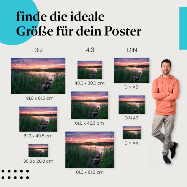 See, Poster: Holzboot, Ufer, Sonnenuntergang, Spiegelung.