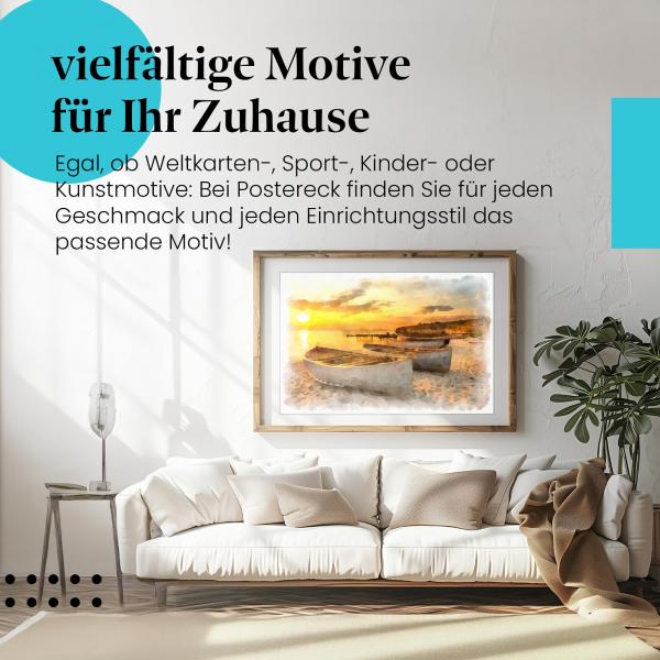 Meerblick für Zuhause: Dieses Leinwandbild mit der Aquarellmalerei eines Sonnenuntergangs am Strand sorgt für Urlaubsfeeling.