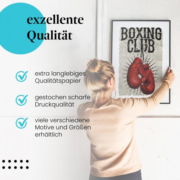 Gerahmtes Wandbild "Boxing Club" im Vintage-Stil. Zwei Boxhandschuhe an einem Haken, hochwertiger Druck.