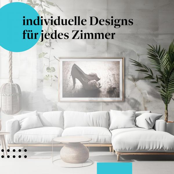 Schlafzimmer Deko: Minimalistisches Zimmer mit "Brautschuhe" Poster. Wanddeko für Romantikerinnen.