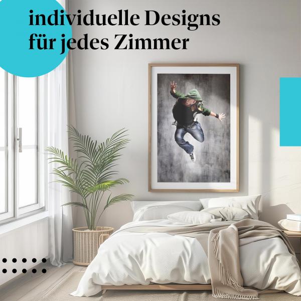 Schlafzimmer Deko: "Breakdance" Poster im minimalistischen Schlafzimmer. Wanddeko für Tänzer.