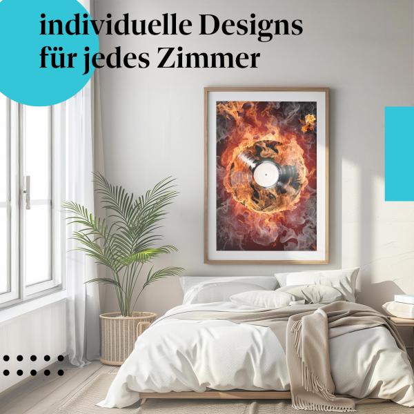 Schlafzimmer Deko: Minimalistisches Zimmer mit "Heiße Rhythmen" Poster. Wanddeko für Musikliebhaber.