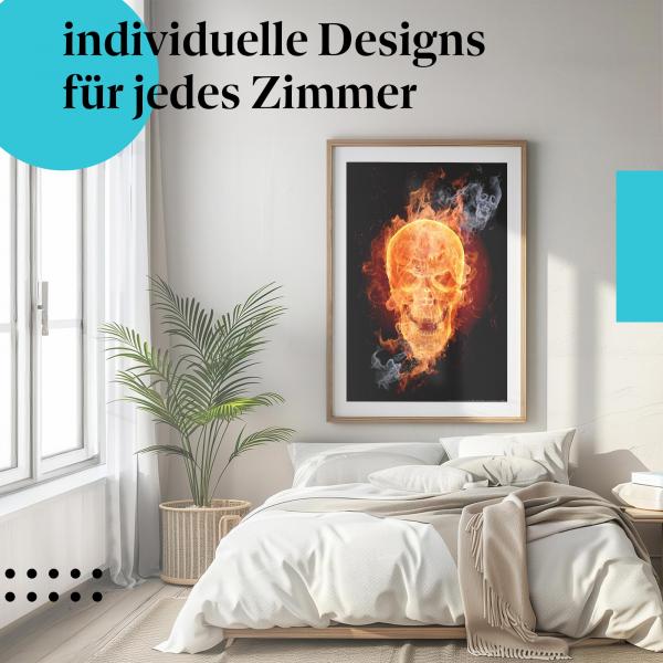 Schlafzimmer Deko: "Flammeninferno" Poster in modernem Schlafzimmer. Gothic Wanddeko.