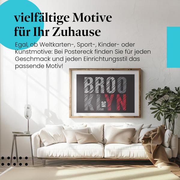 "Brooklyn NYC" Leinwandbild: Modernes Typografie Design in rot, grau und weiß.