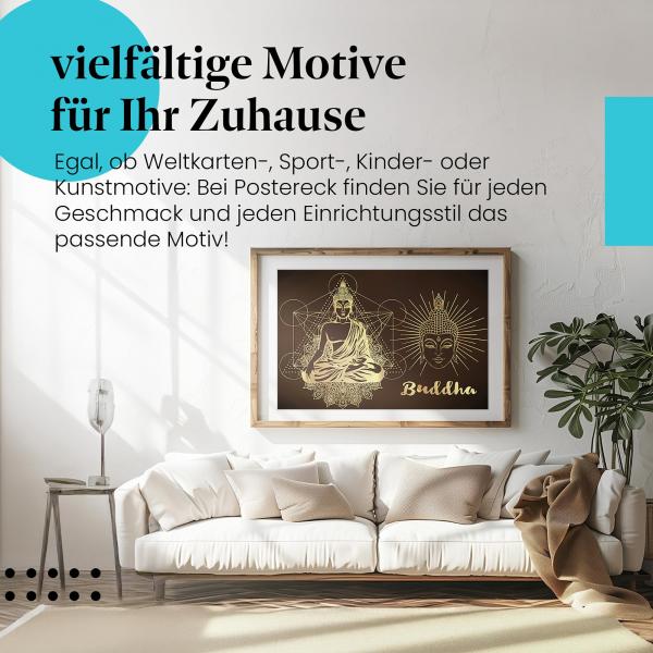 "Meditierender Buddha" Leinwandbild: Goldene Illustration mit Mandala.