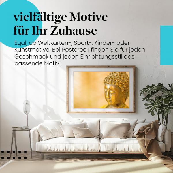 Leinwandbild "Buddha": Goldene Statue, friedlicher Ausdruck - Spiritualität & Ruhe.