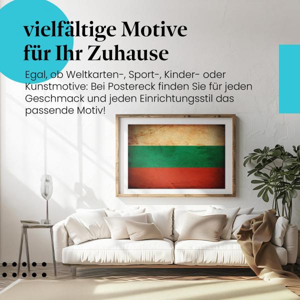 Stylisches Leinwandbild: Bulgarische Vintage Flagge im Retro-Stil. Wanddeko für Bulgarien-Fans.