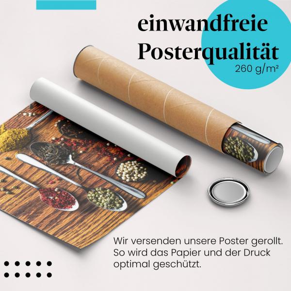 Gerolltes Poster "Gewürze", Löffel, Holztisch.