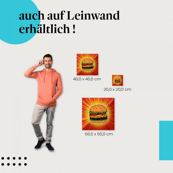 Illustration eines saftigen Burgers im Comic-Stil als Leinwandbild - für Burger-Liebhaber.