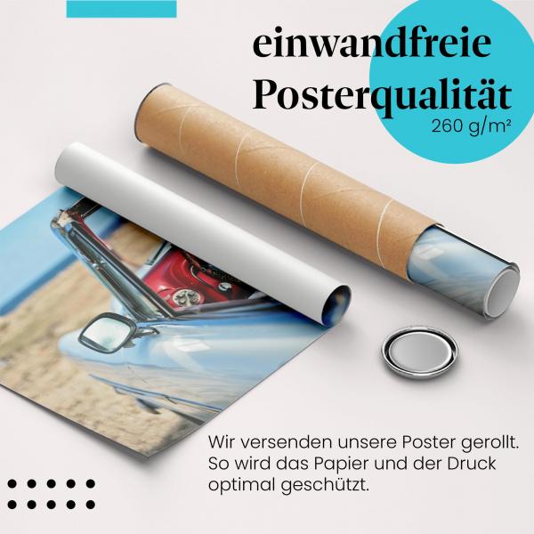 "Rotes Cabrio am Strand": Gerolltes Poster, Urlaubsfeeling. Sicher verpackt.