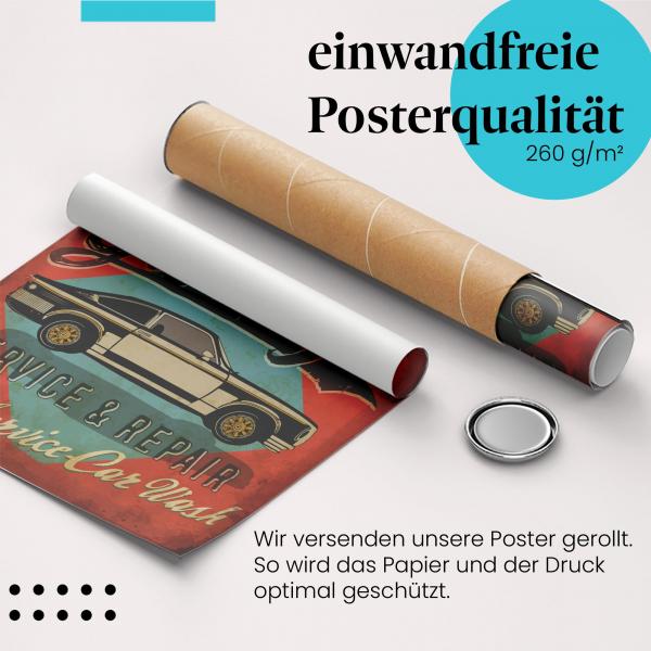 Gerolltes Poster "Classic Garage". Nostalgische Werkstatt-Werbung, ideal für Oldtimer-Fans.