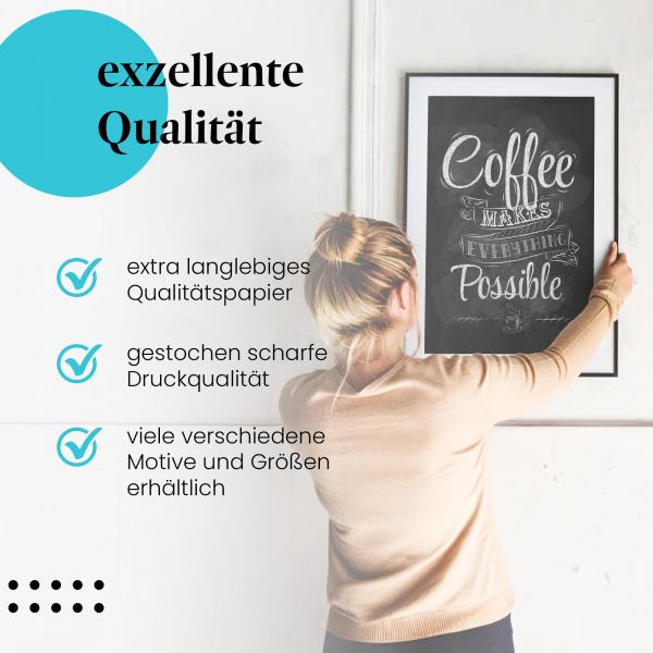 Gerahmtes Wandbild "Kaffee Poster, Motivation", langlebiges Papier, verschiedene Größen erhältlich.