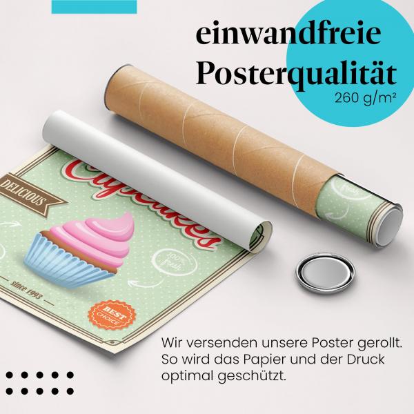 Gerolltes Poster "Cupcakes" - Süßes Design im Retro-Look, sicher verpackt.