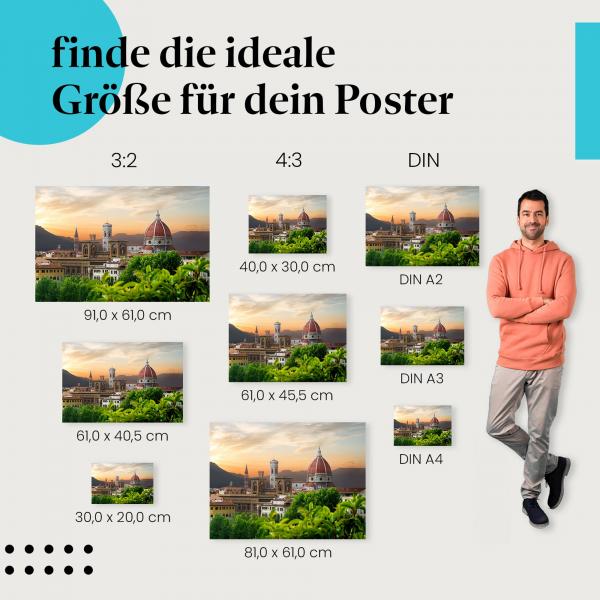 Entdecke die passende Postergröße: Dom von Florenz, Sonnenuntergang, Bäume.