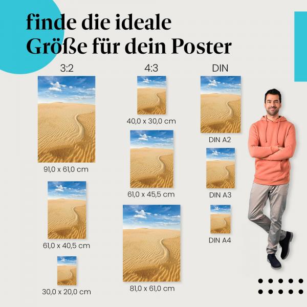 Finde die ideale Postergröße: Endlose Sanddünen, blauer Himmel, weißer Sand.